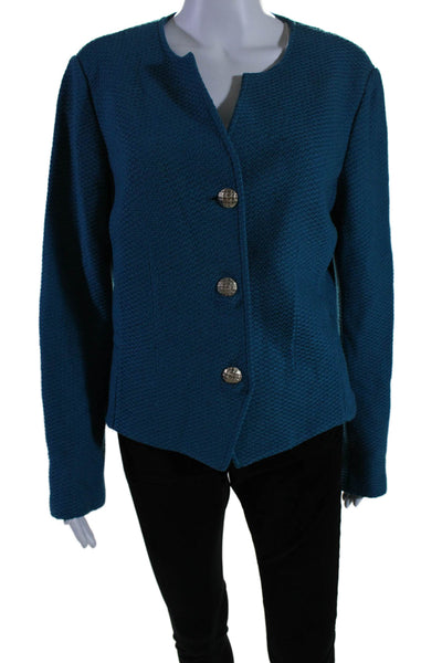 St. John Womens Wool Teal Textured Three Button Long Sleeve Blazer Size 14