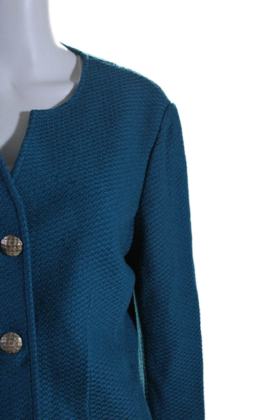 St. John Womens Wool Teal Textured Three Button Long Sleeve Blazer Size 14