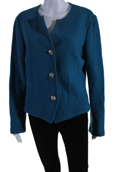 St. John Womens Wool Teal Textured Three Button Long Sleeve Blazer Size 14