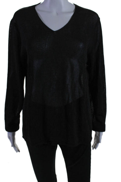 Eileen Fisher Womens Black Sheer Scoop Neck Long Sleeve Sweater Top Size L