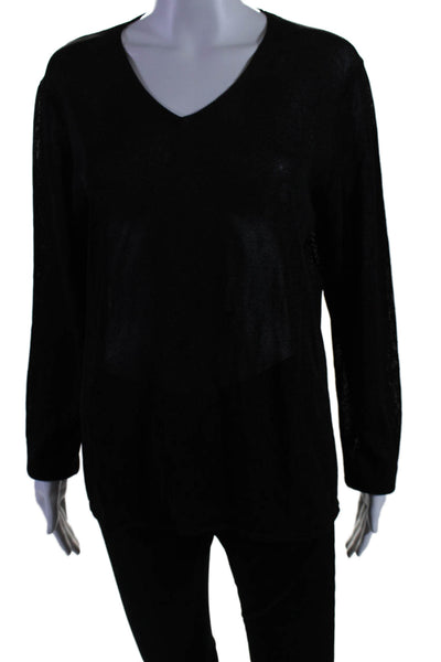 Eileen Fisher Womens Black Sheer Scoop Neck Long Sleeve Sweater Top Size L