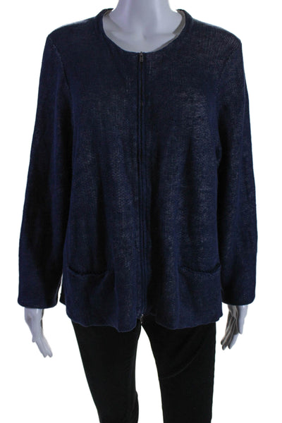 Eileen Fisher Womens Navy Zip Front Crew Neck Long Sleeve Sweater Top Size XL