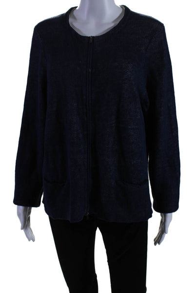 Eileen Fisher Womens Navy Zip Front Crew Neck Long Sleeve Sweater Top Size XL