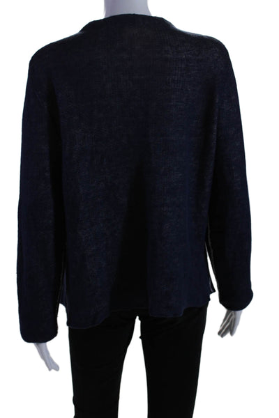 Eileen Fisher Womens Navy Zip Front Crew Neck Long Sleeve Sweater Top Size XL