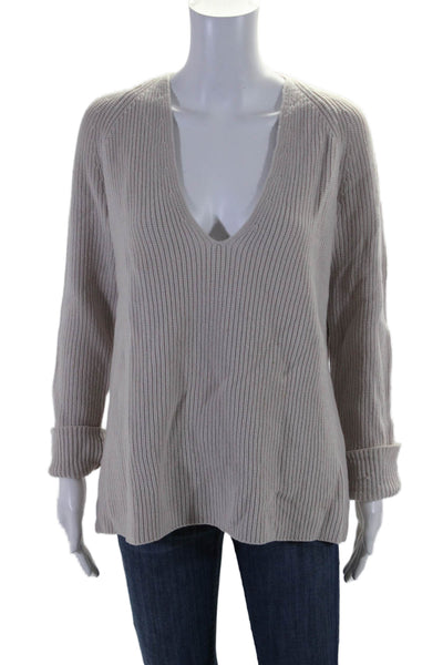 Helmut Lang Womens Long Sleeve V Neck Thick Knit Sweater Beige Small