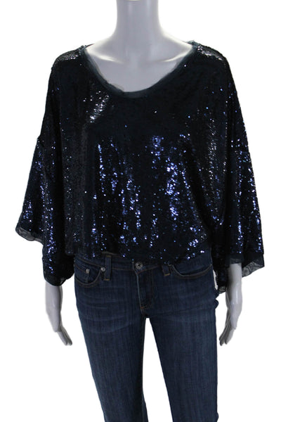 Free People Womens Short Sleeve Scoop Neck Top Sequin Blue Size Medium