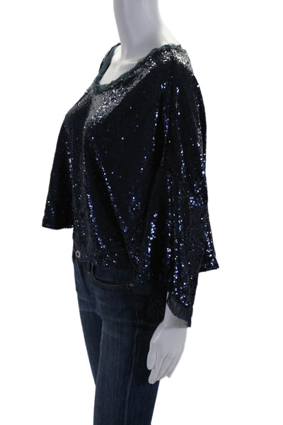 Free People Womens Short Sleeve Scoop Neck Top Sequin Blue Size Medium