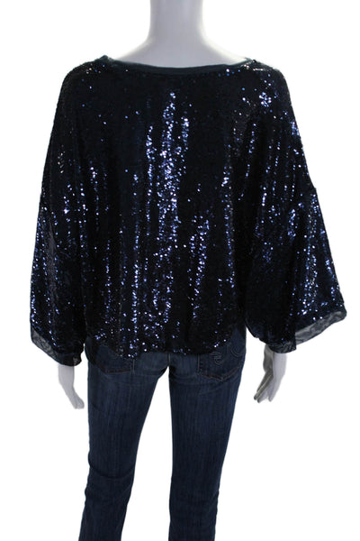 Free People Womens Short Sleeve Scoop Neck Top Sequin Blue Size Medium