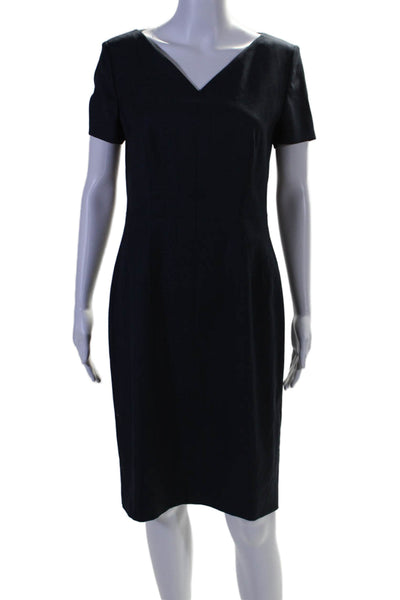 Boss Hugo Boss Womens Wool V-Neck Short Sleeve Midi Sheath Dress Navy Size 6