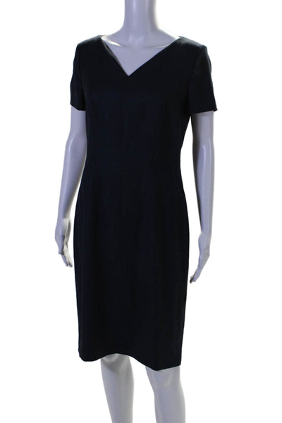 Boss Hugo Boss Womens Wool V-Neck Short Sleeve Midi Sheath Dress Navy Size 6