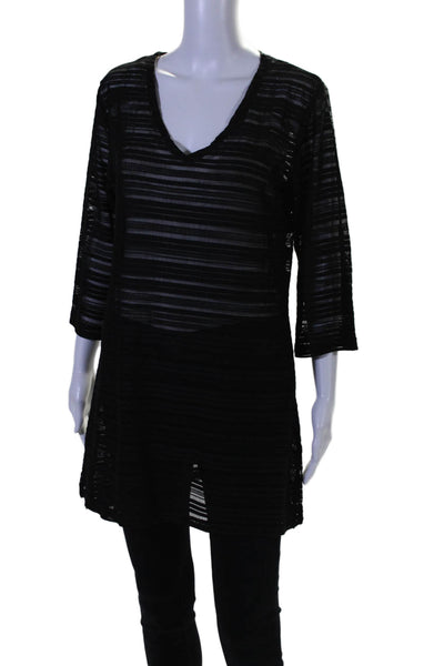 J. Valdi Womens Mesh Textured V-Neck Long Sleeve Pullover Top Black Size M