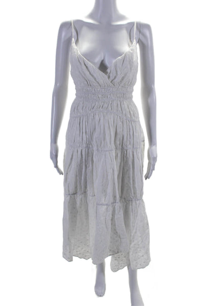 Soleil Women's V-Neck Spaghetti Straps Eyelet Tiered Midi Dress White Size M