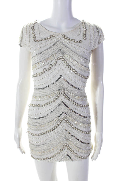 Joe's Collection Womens Beaded Round Neck Short Sleeve Dress White Size XS