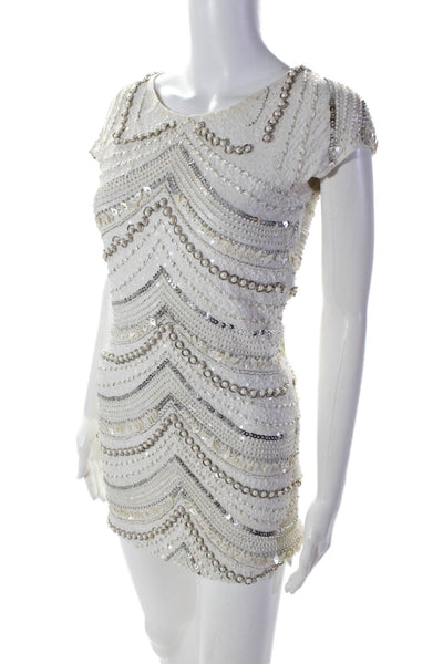 Joe's Collection Womens Beaded Round Neck Short Sleeve Dress White Size XS