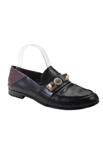 Fendi Womens Leather Slide On Studded Loafers Black Dark Purple Size 39 9