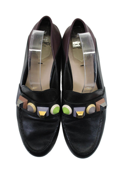 Fendi Womens Leather Slide On Studded Loafers Black Dark Purple Size 39 9