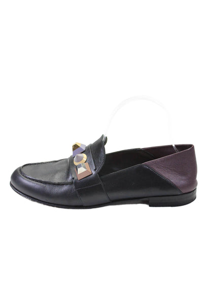 Fendi Womens Leather Slide On Studded Loafers Black Dark Purple Size 39 9