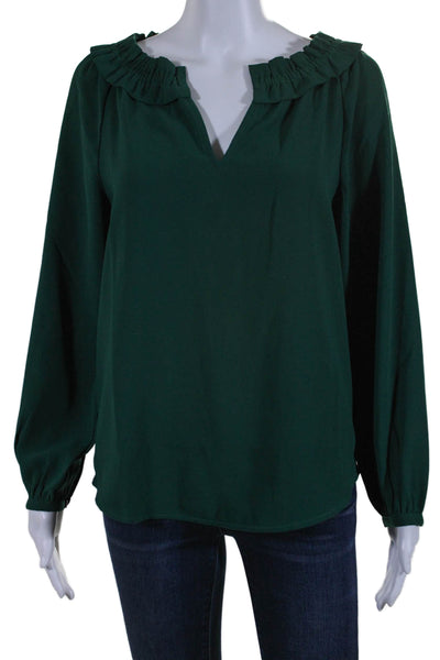 J Crew Women's Round Neck Long Sleeves Ruffle Blouse Green Size XXS