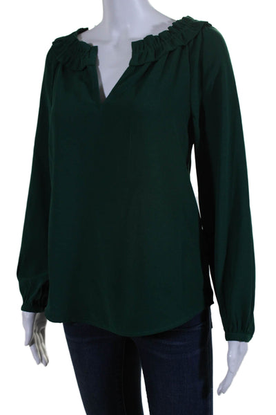 J Crew Women's Round Neck Long Sleeves Ruffle Blouse Green Size XXS