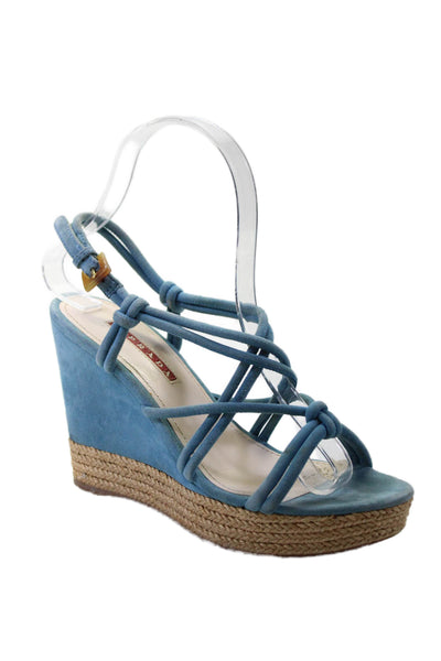 Prada Womens Open Toe Suede Strappy Ankle Buckle Wedge Heels Sandals Blue Size 5