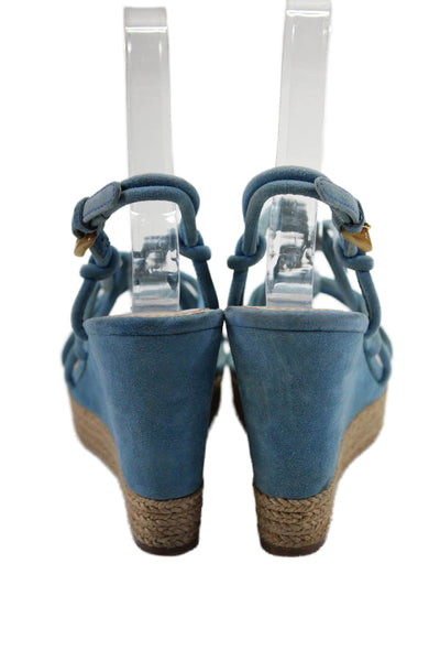 Prada Womens Open Toe Suede Strappy Ankle Buckle Wedge Heels Sandals Blue Size 5