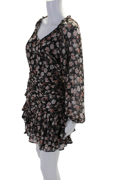 Mon Chou Women's V-Neck Long Sleeves Cinch Tiered Floral Mini Dress Size S