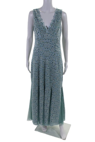 Lovely Grace V-Neck Sleeveless Lace Glitter Maxi Dress Blue Size M