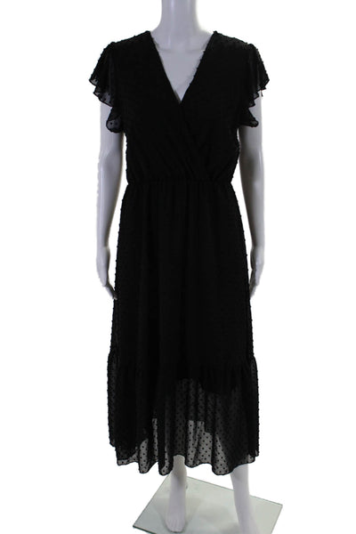 BTFBM Women's V-Neck Short Sleeves Swiss Dot Tiered Maxi Dress Black Size M