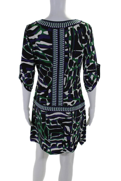 BCBGMAXAZRIA Womens Stretch Abstract Print 3/4 Sleeve Mini Dress Purple Size M