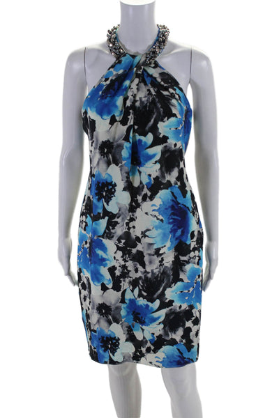 Carmen Marc Valvo Womens Silk Floral Print Beaded Sleeveless Dress Blue Size 6