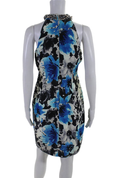 Carmen Marc Valvo Womens Silk Floral Print Beaded Sleeveless Dress Blue Size 6