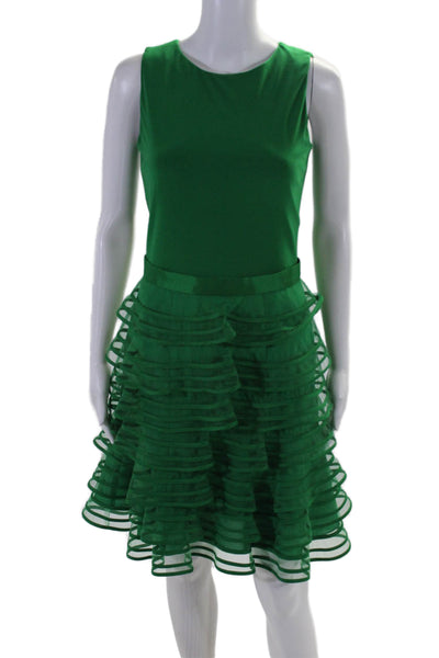 Kathy Hilton Womens Round Neck Sleeveless Zip Up Tiered Dress Green Size 4