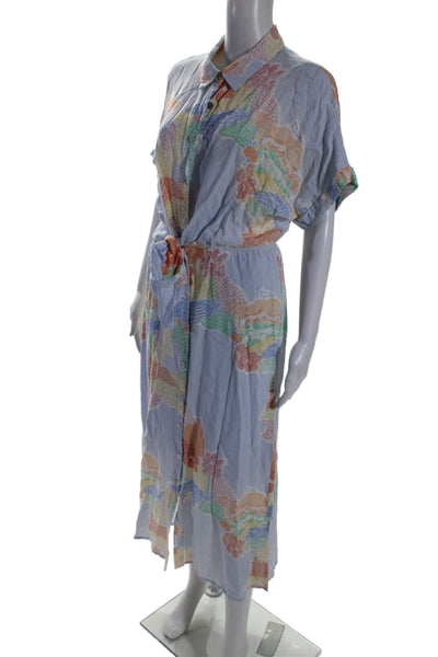 FRNCH Womens Abstract Collared Short Sleeve Button Up Maxi Dress Blue Size M