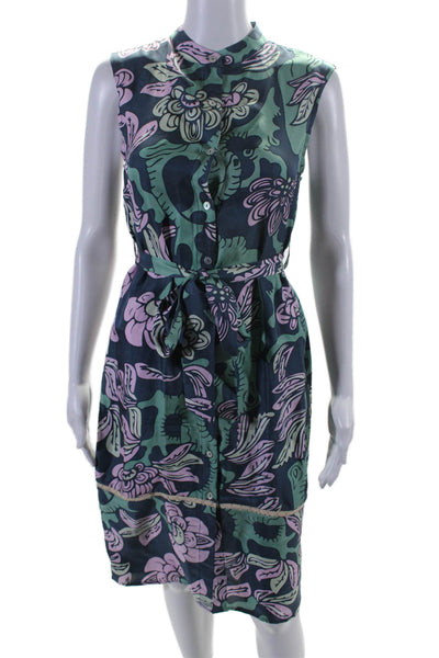 To Vang Womens Silk Charmeuse Floral Print Sleeveless Shirt Dress Blue Size S