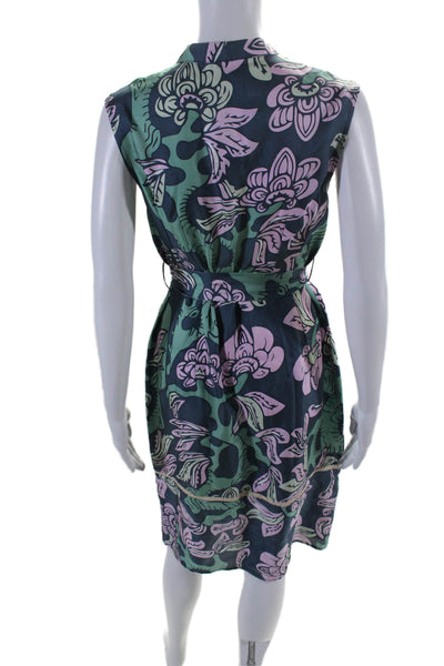 To Vang Womens Silk Charmeuse Floral Print Sleeveless Shirt Dress Blue Size S