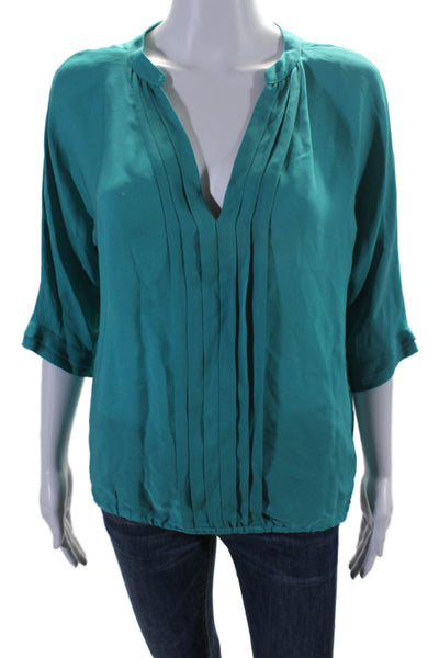 Joie Women's Round Neck Short Sleeves Silk Pleated Front Blouse Green Size XS