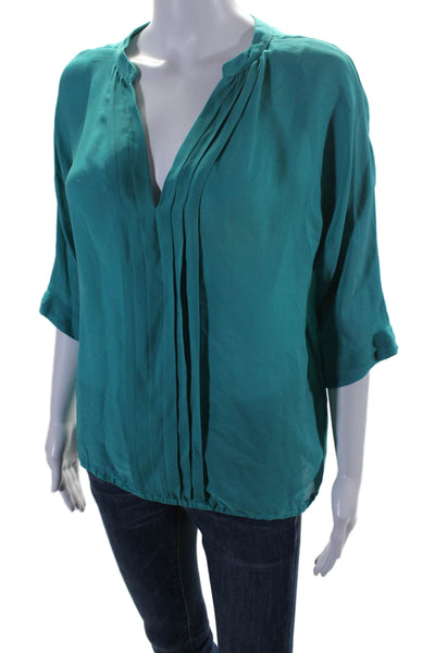 Joie Women's Round Neck Short Sleeves Silk Pleated Front Blouse Green Size XS