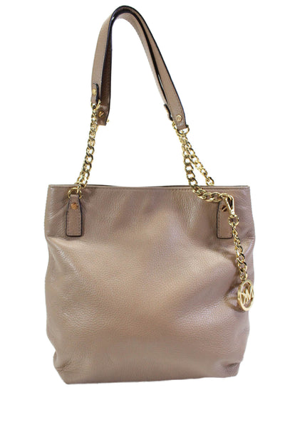 Michael Michael Kors Womens Leather Gold Tone Chain Link Shoulder Handbag Beige