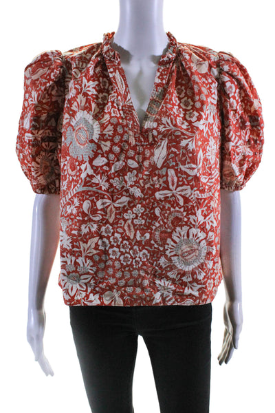 Ulla Johnson Womens Abstract Print Short Sleeves Blouse Orange White Size 4