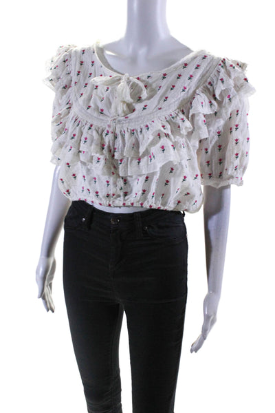 Love Shack Fancy Womens Cotton Embroidered Short Sleeve Blouse Top White Size L