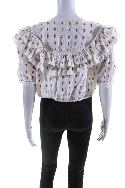 Love Shack Fancy Womens Cotton Embroidered Short Sleeve Blouse Top White Size L