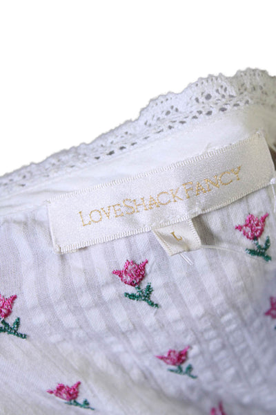 Love Shack Fancy Womens Cotton Embroidered Short Sleeve Blouse Top White Size L