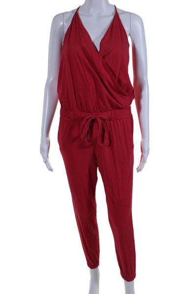 Bobi Womens Sleeveless V Neck Slim Leg Tie Waist Jumpsuit Red Cotton Size Small