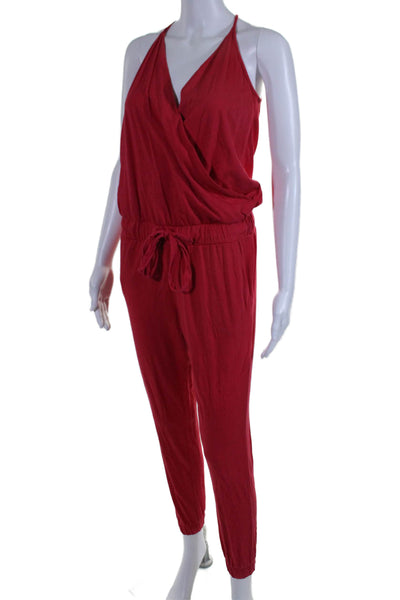 Bobi Womens Sleeveless V Neck Slim Leg Tie Waist Jumpsuit Red Cotton Size Small