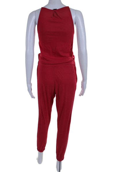 Bobi Womens Sleeveless V Neck Slim Leg Tie Waist Jumpsuit Red Cotton Size Small