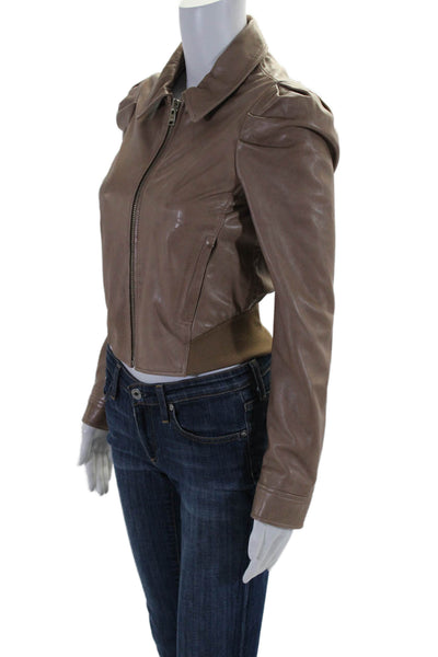 LaMarque Womens Brown Leather Collar Full Zip Long Sleeve Jacket Size XS