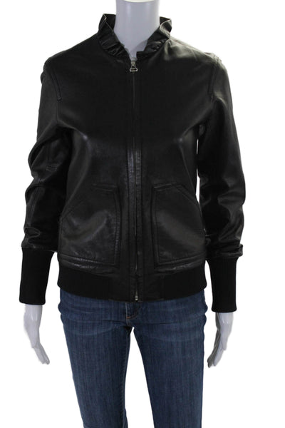 Derek Lam 10 Crosby Womens Black Leather Ruffle Full Zip Bomber Jacket Size 0