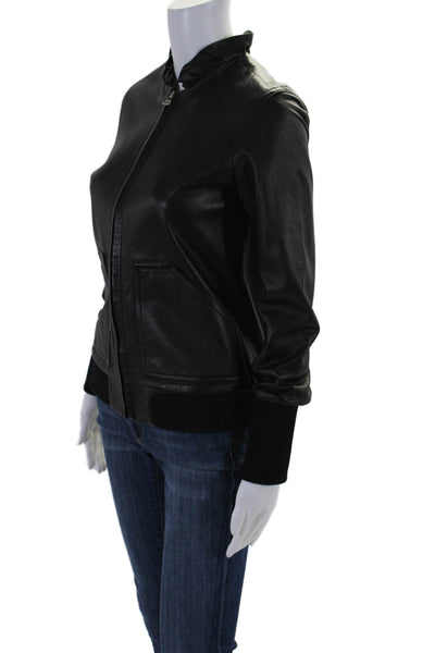 Derek Lam 10 Crosby Womens Black Leather Ruffle Full Zip Bomber Jacket Size 0