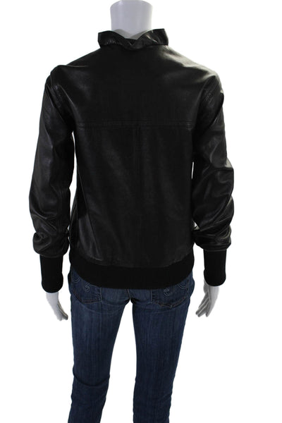 Derek Lam 10 Crosby Womens Black Leather Ruffle Full Zip Bomber Jacket Size 0