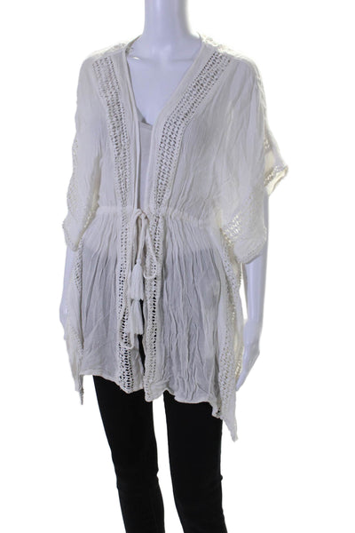 Elan Womens Open Knit Tie Closure Short Sleeves Kaftan Blouse White Size Small